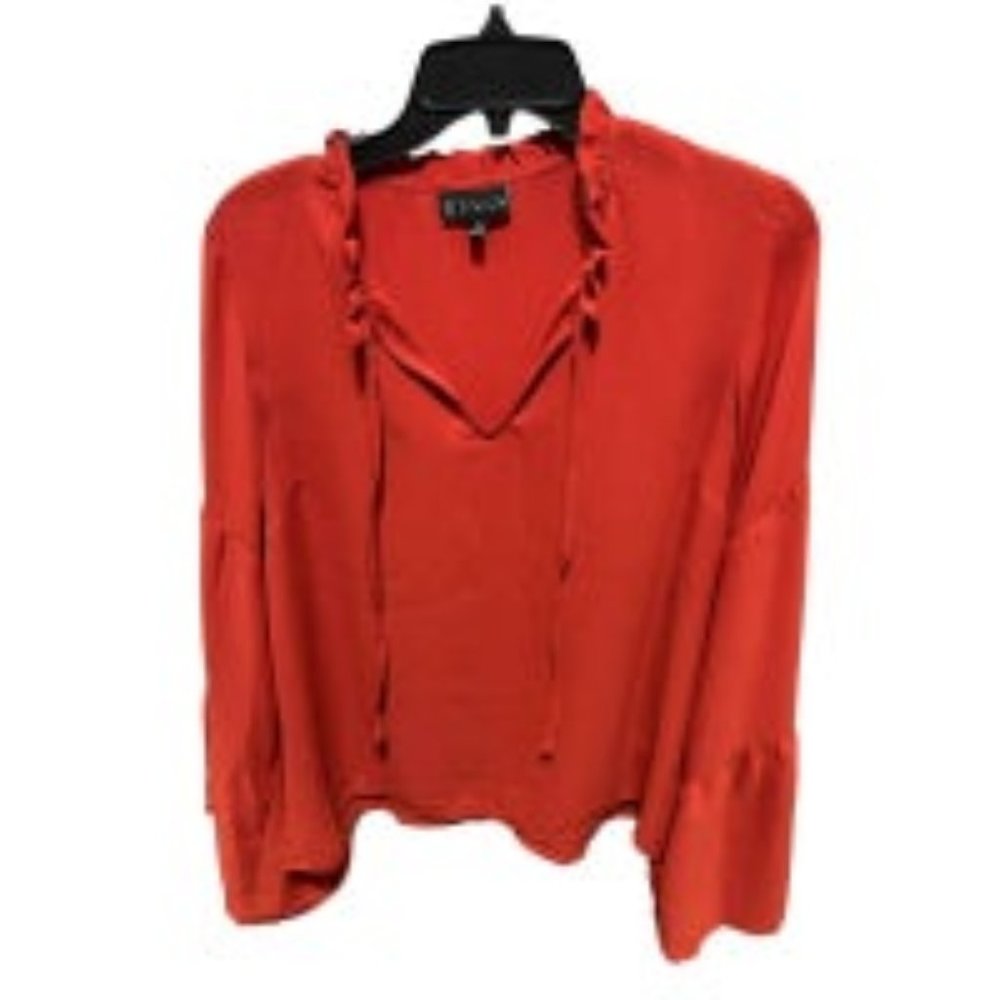 BOBEAU Women's Size S Boho Top Blouse Long Sleeves Tie Neck Blood Orange Peasant